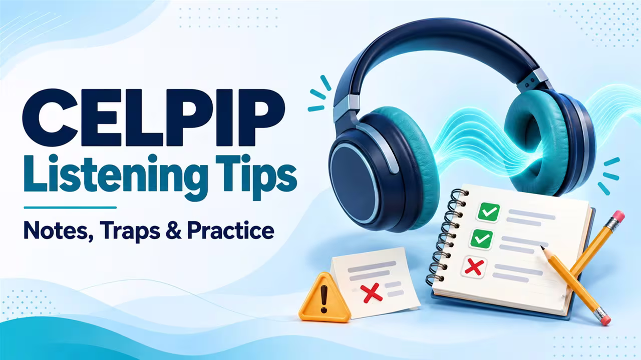 CELPIP Listening tips illustrated with headphones, sound waves and a notebook of answer checks