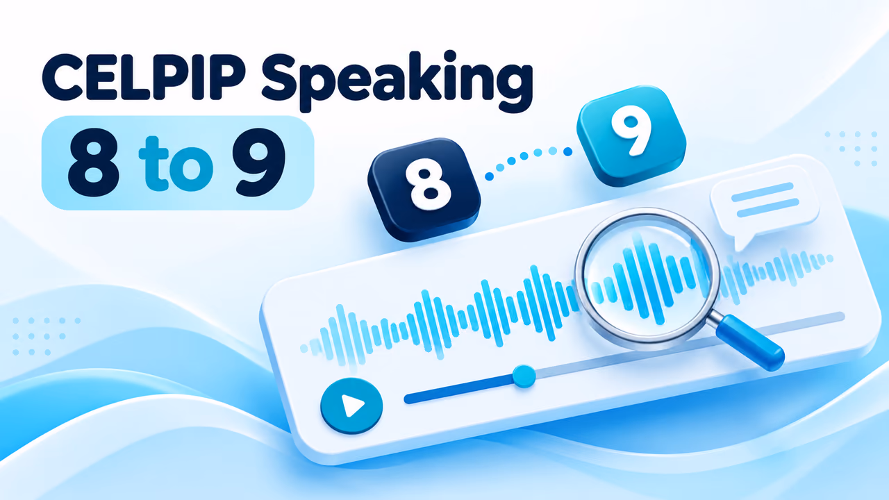 Audio waveform under a magnifying lens beside level 8 and 9 tiles, illustrating a CELPIP Speaking recording review