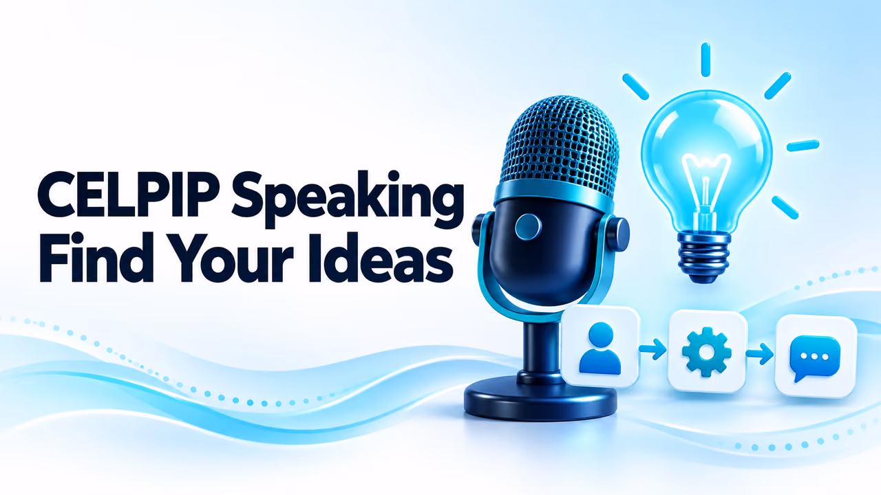 A navy microphone beside a glowing blue light bulb and three connected idea cards