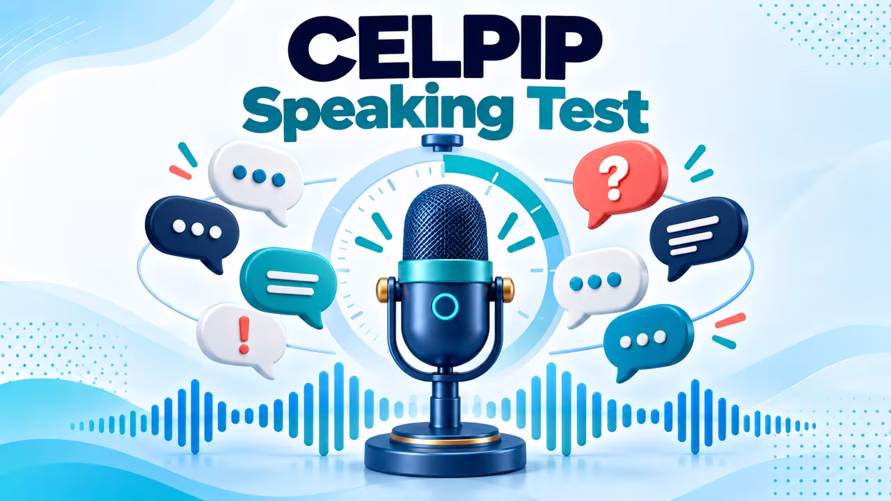 Microphone surrounded by speech bubbles, timer and waveform for CELPIP Speaking