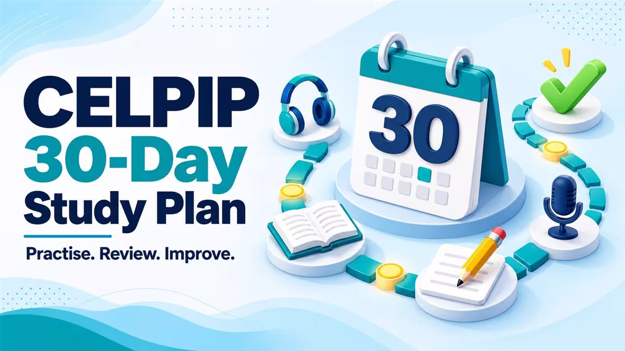 CELPIP 30-day study calendar surrounded by Listening, Reading, Writing and Speaking stations