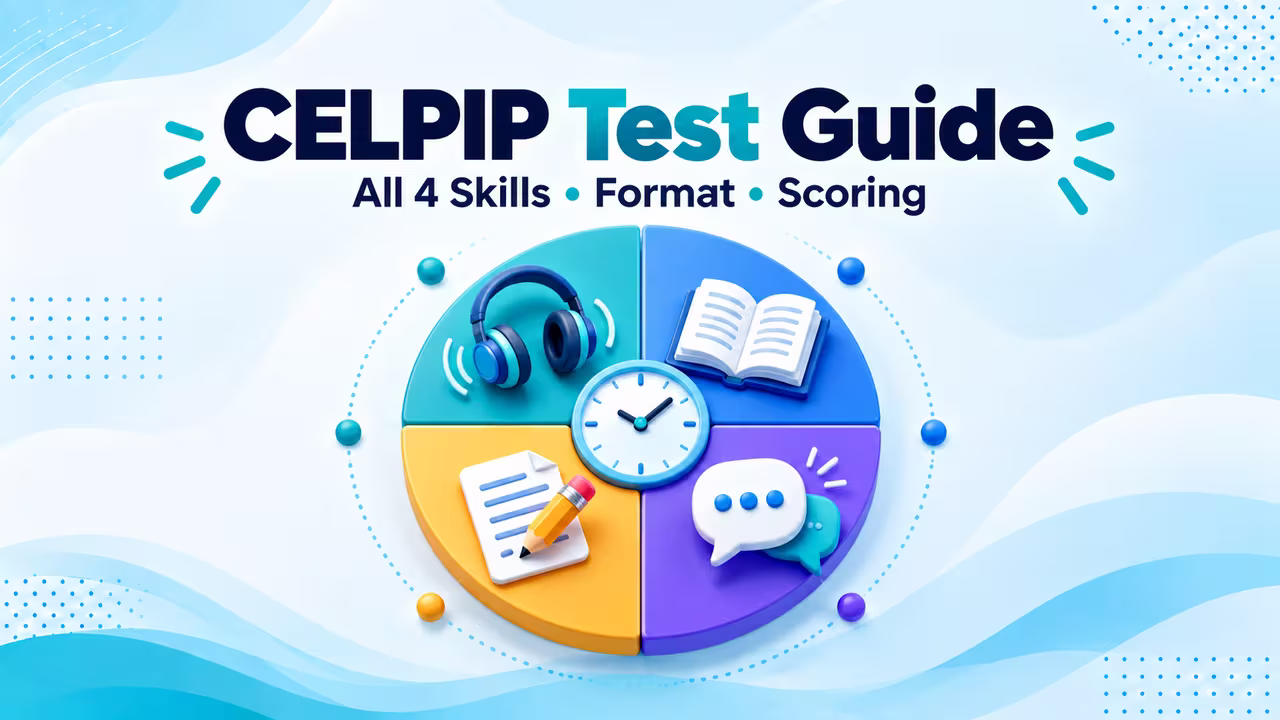 Four-part CELPIP guide wheel showing Listening, Reading, Writing and Speaking