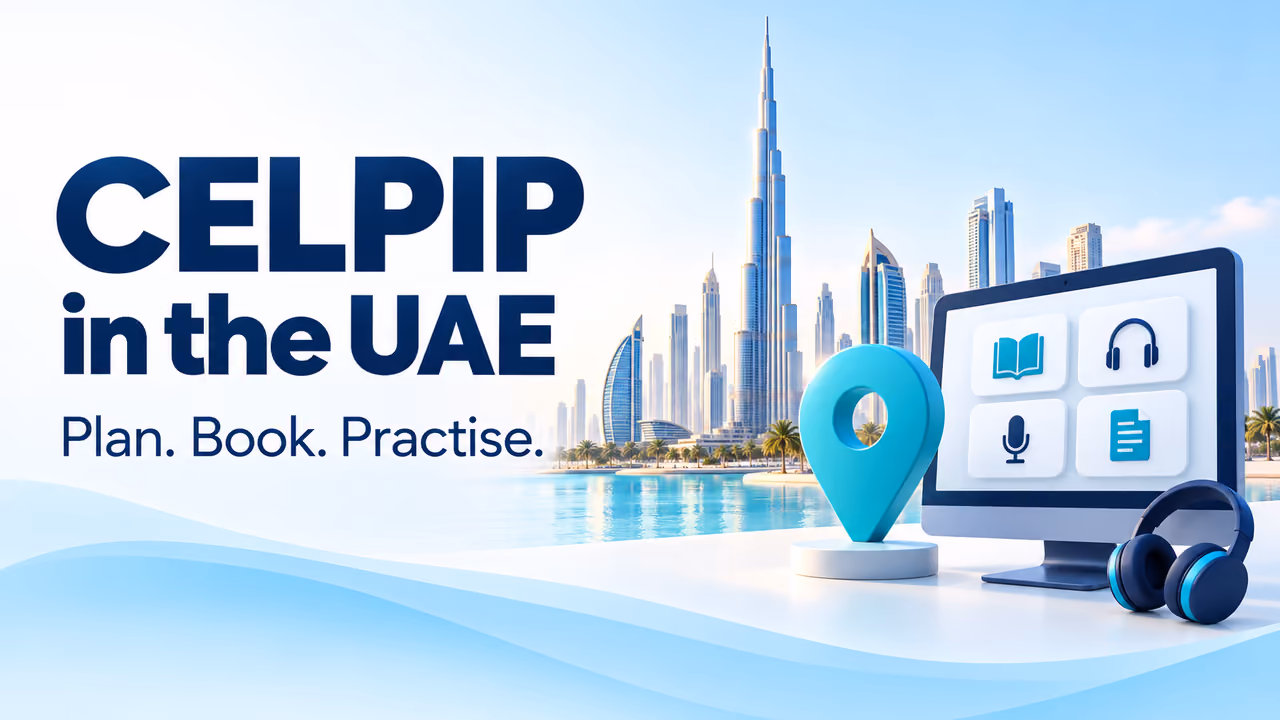 A blue location pin beside a stylized Dubai skyline and a computer with four English practice skill tiles