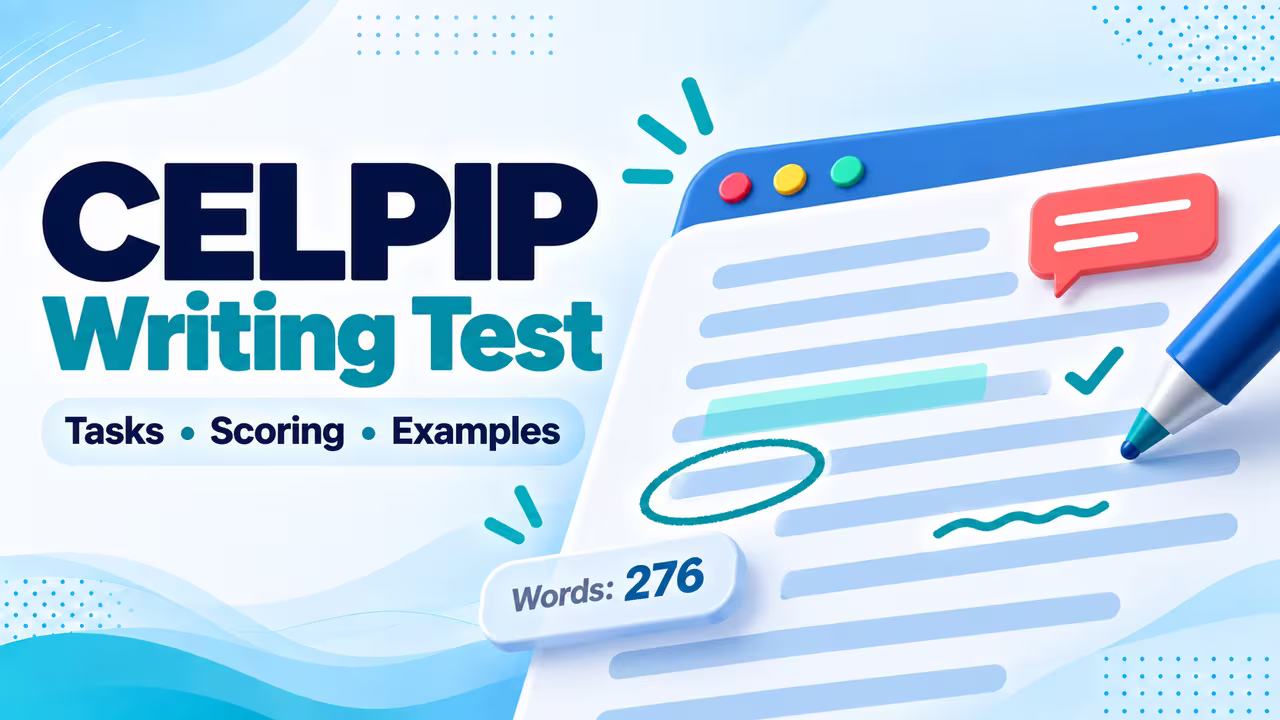 CELPIP writing editor with feedback marks, word count and corrections