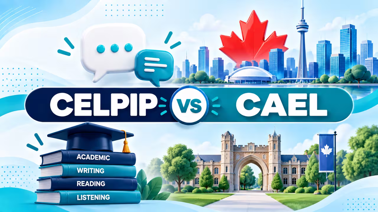 Everyday city scene for CELPIP above an academic campus for CAEL