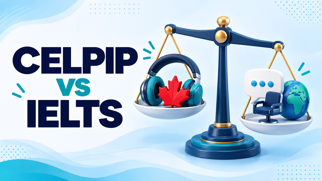 CELPIP and IELTS symbols on opposite sides of a balance scale
