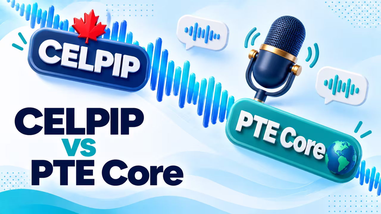 CELPIP and PTE Core labels connected by a speech waveform