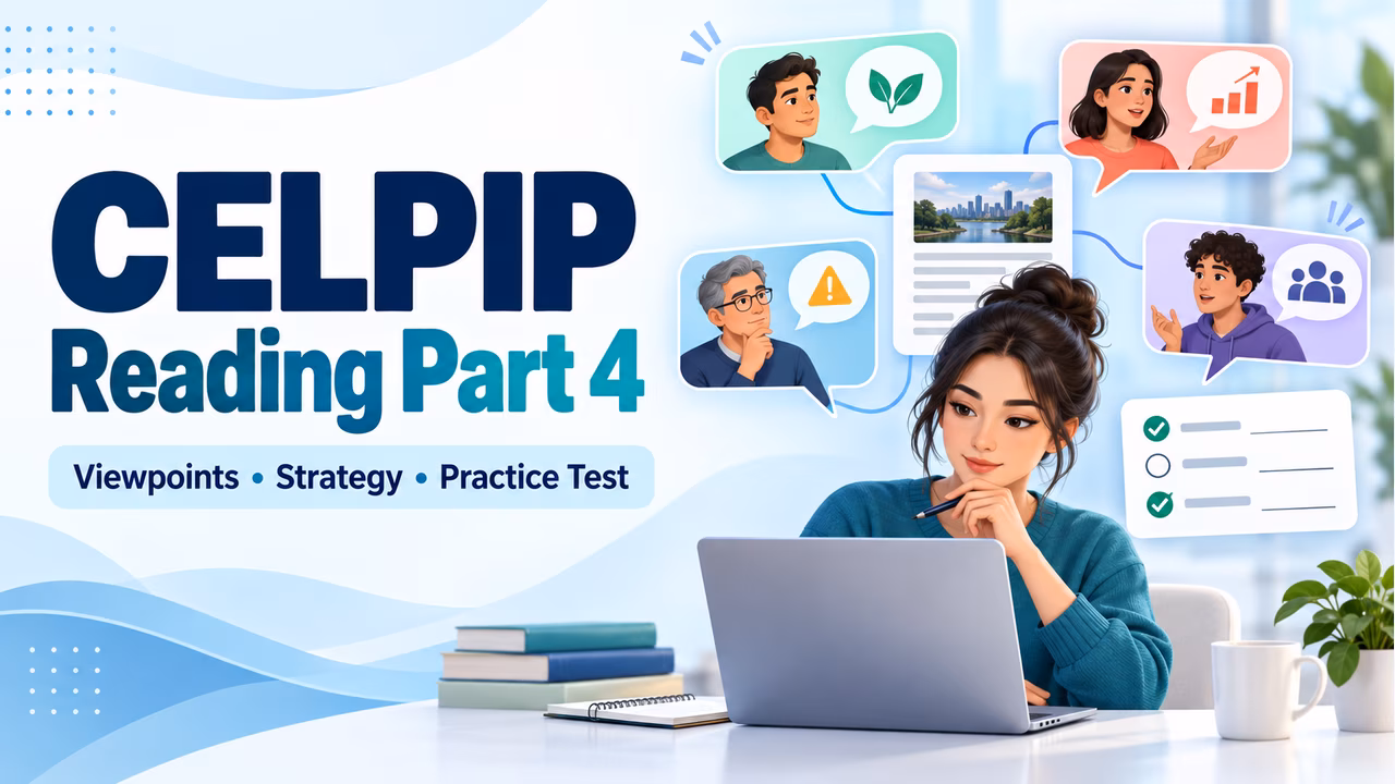 CELPIP Reading Part 4 guide showing a learner mapping several viewpoints from an article