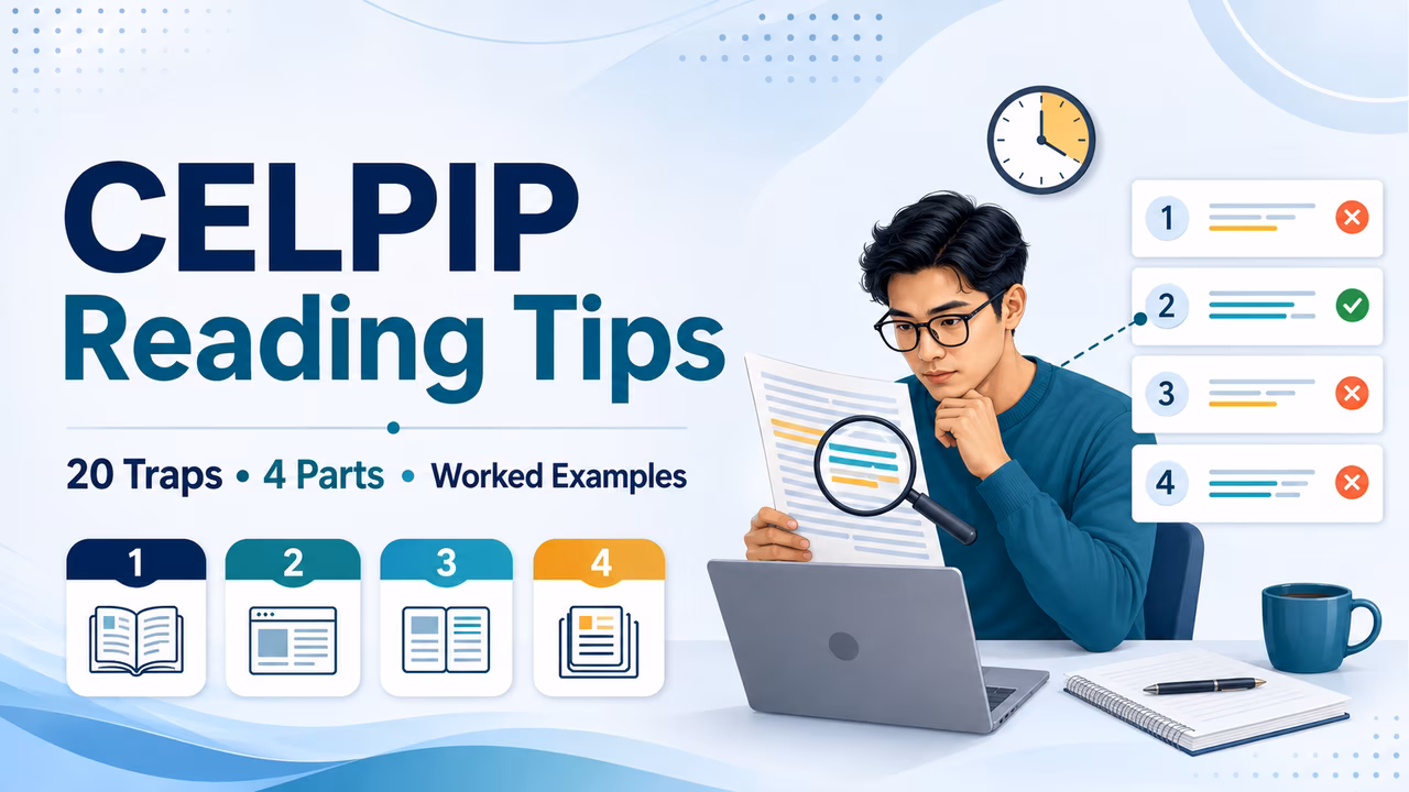 CELPIP Reading tips showing a learner finding evidence and avoiding answer-choice traps across four parts