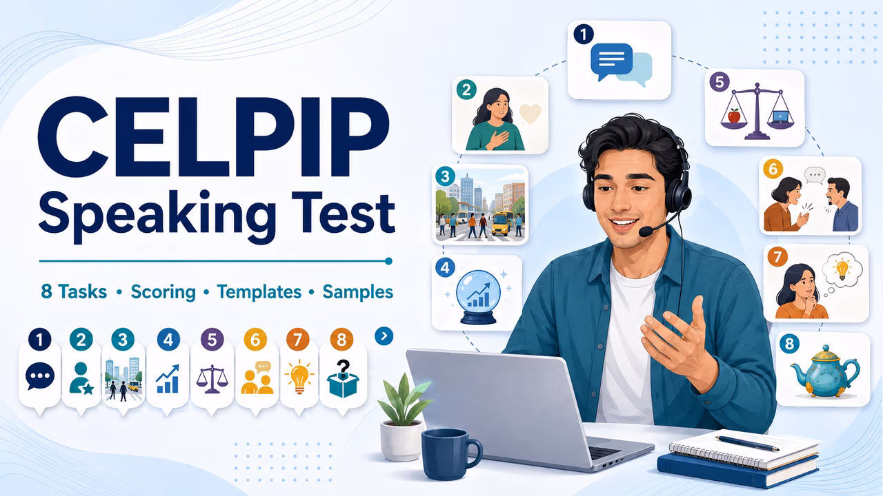CELPIP Speaking test guide showing a learner using a headset and visual cards for all eight speaking tasks