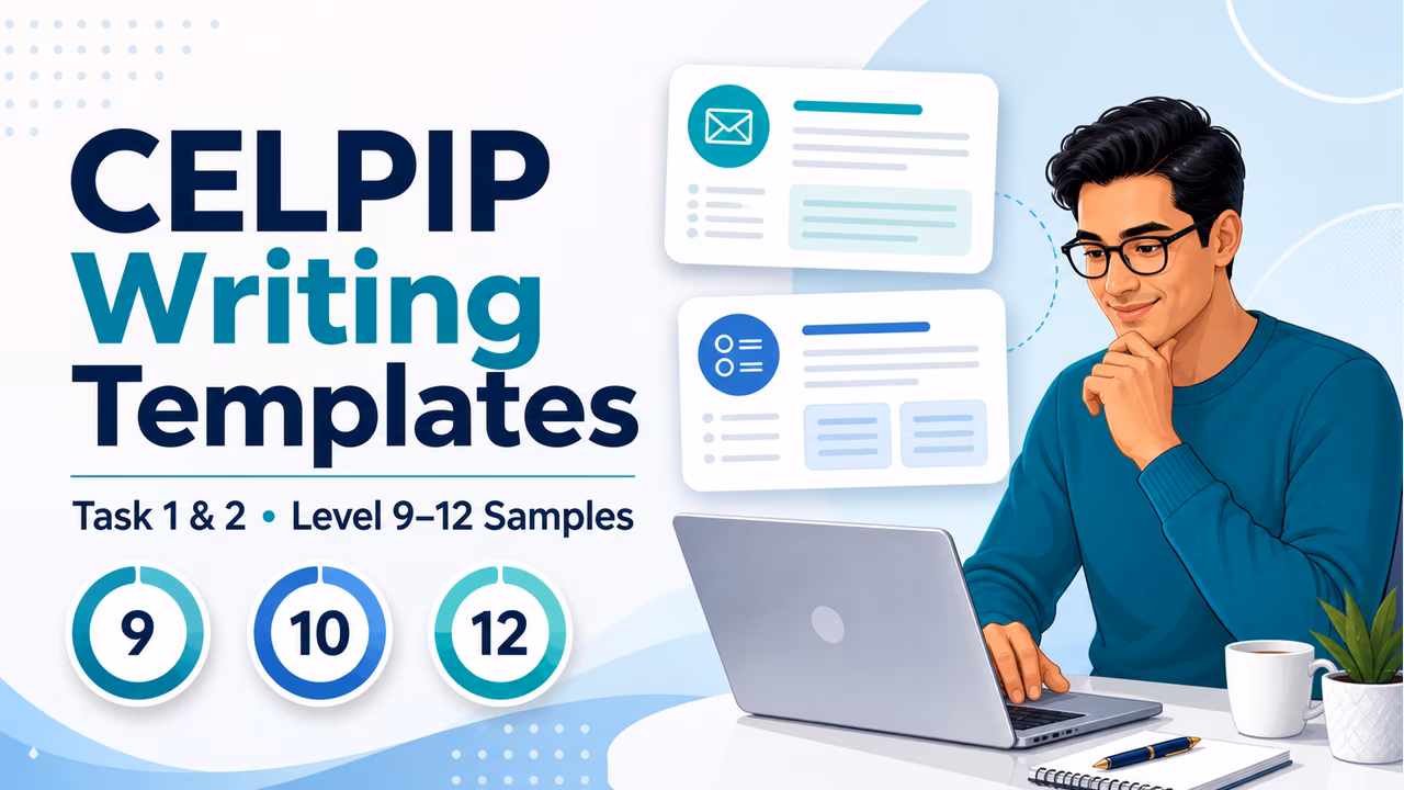 CELPIP Writing templates for Task 1 and Task 2 with Level 9, 10 and 12 sample answer comparisons