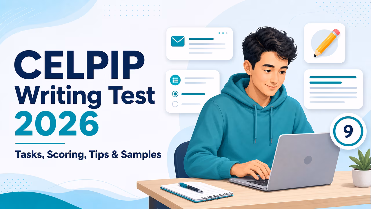 CELPIP Writing Test 2026 guide with a learner typing an email and survey response on a laptop