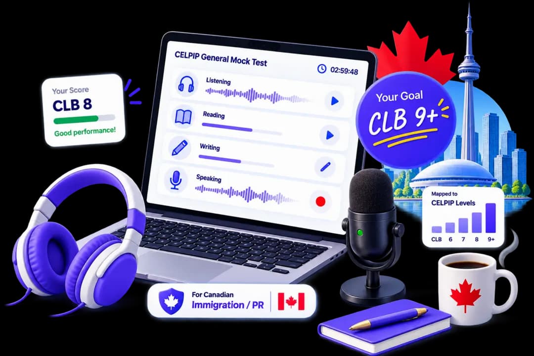 CELPIP General mock test on a laptop with headphones, a microphone, a CLB 8 score card and a CLB 9+ goal badge