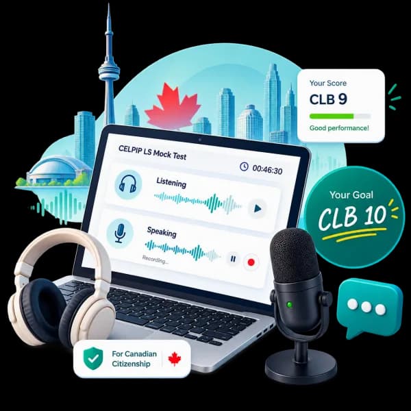 CELPIP LS mock test on a laptop showing Listening and Speaking tasks with headphones, a microphone, a CLB 9 score card and a CLB 10 goal badge